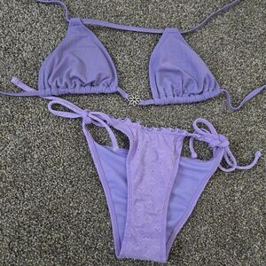 Women's Wild Fable Purple Daisy Heart String Tie Triangle Bikini Swim Set